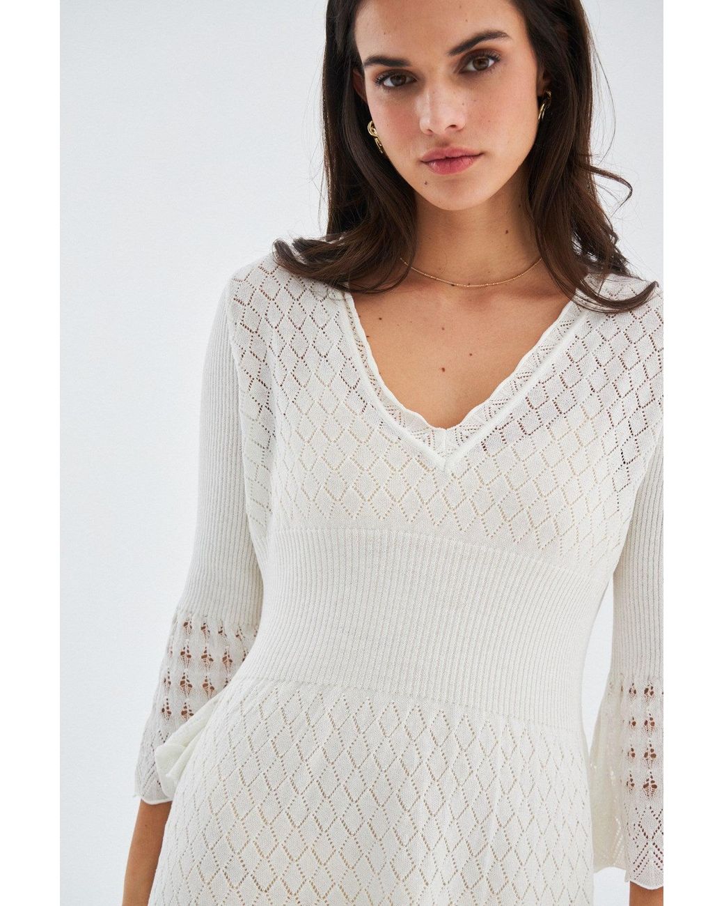 Peraluna White Yoho Openwork V-Neck Knit Mini Dress