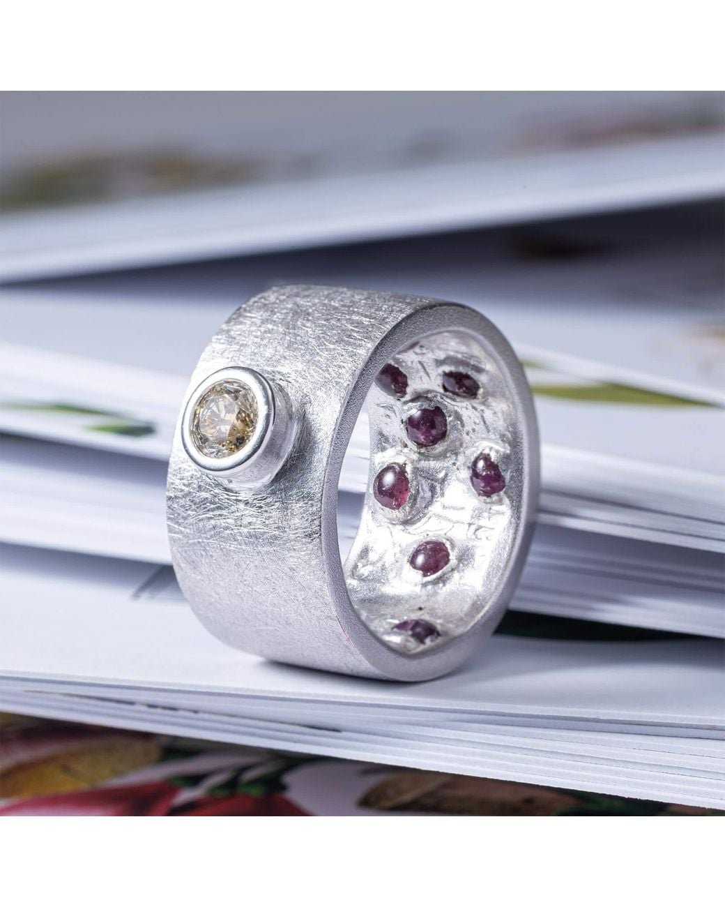 German Kabirski Metallic Veritas Singular Egoist Ring With Golden Diamond And Hidden Ruby