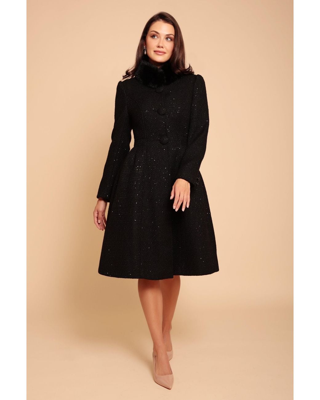 Santinni Black Starlet Wool Tweed Dress Coat With Faux Fur