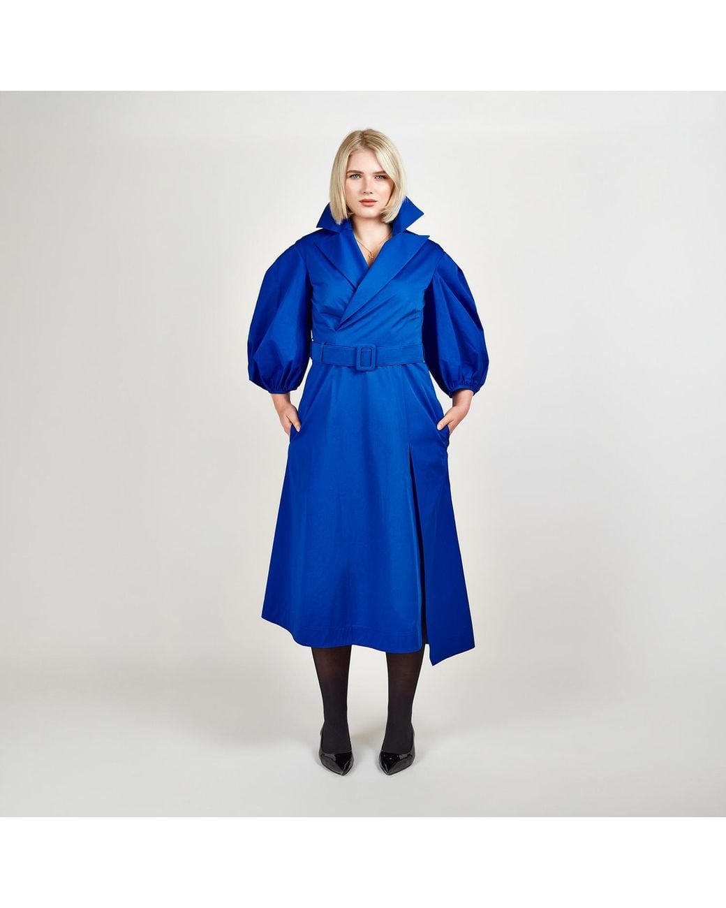 Femponiq Blue 'Wide Lapel Asymmetric Belted Midi Cotton Dress