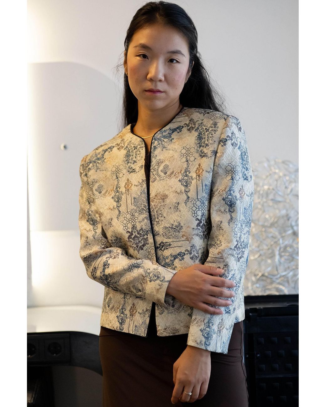 Stovaria Gray Ivory Printed Silk-Cotton Jacquard Statement Jacket