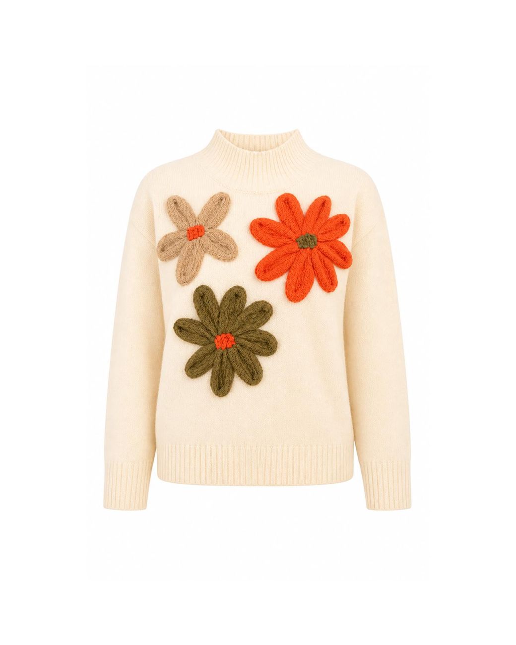 Yumi' White Ivory Knitted High Neck Jumper With Applique Flowers