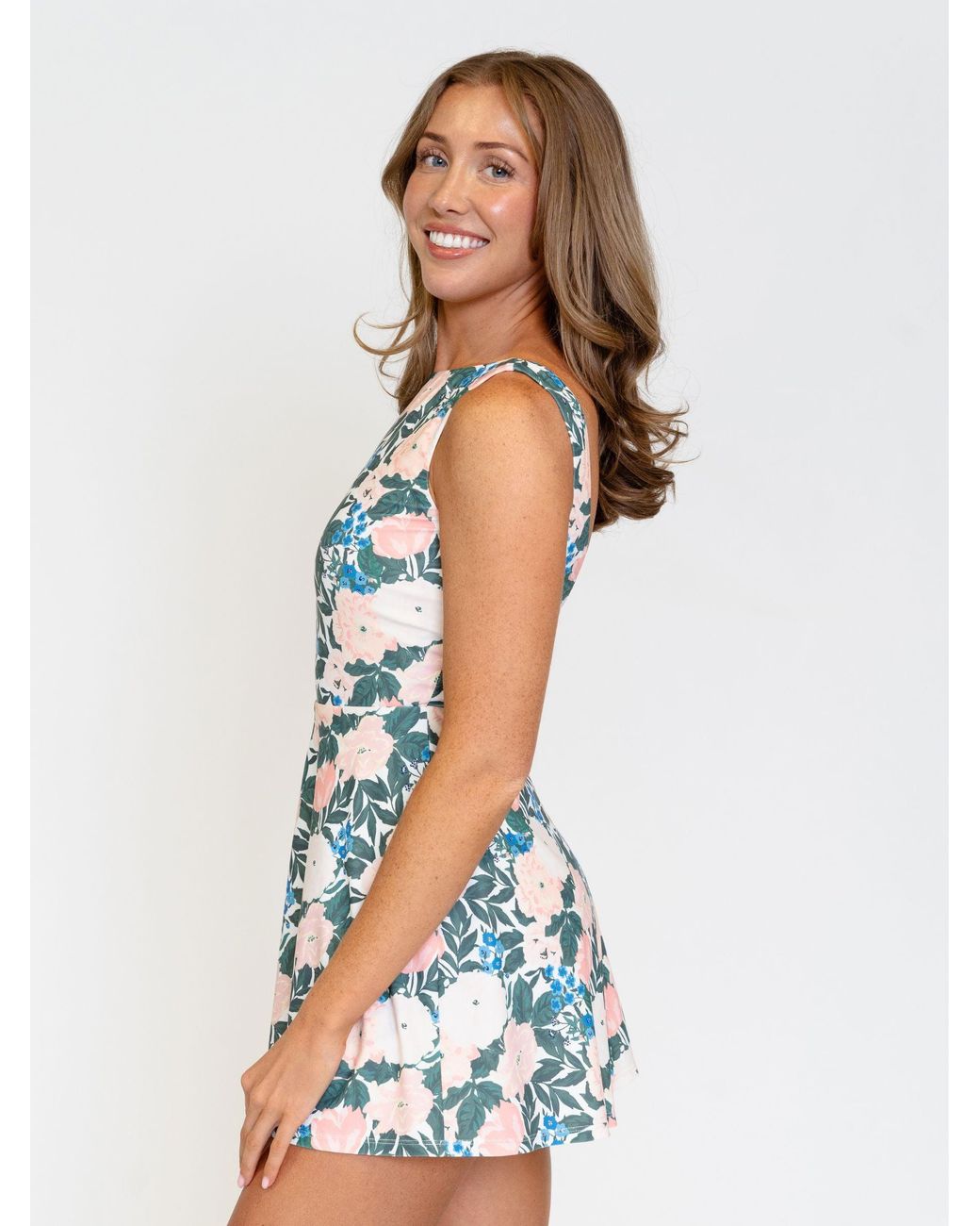 Lime Ricki Swimwear Blue Bouquet Boat-Neck Swim Dress