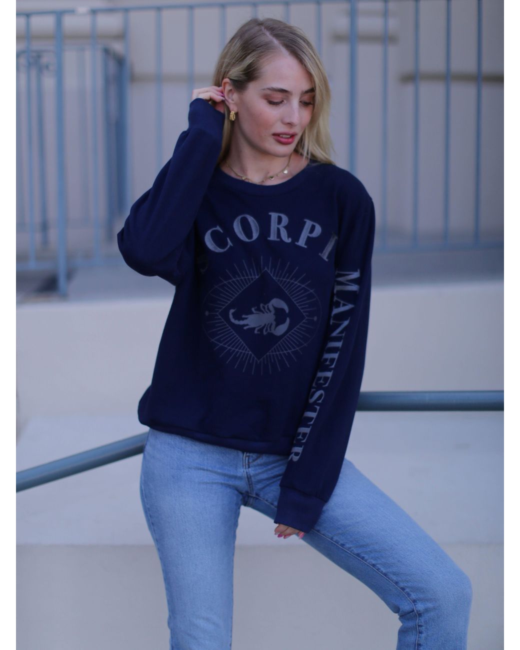 Miracles Manifester Blue Oversized Embroidered Scorpio Sign Sweatshirt