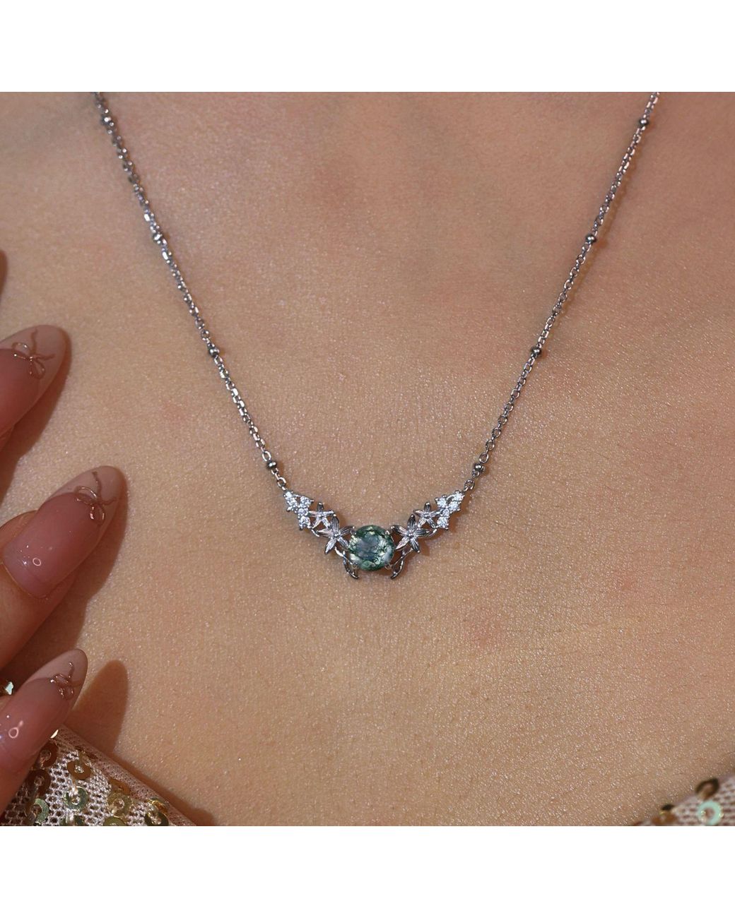 Azura Jewelry New York Metallic Leaf Moss Agate Necklace Vermeil