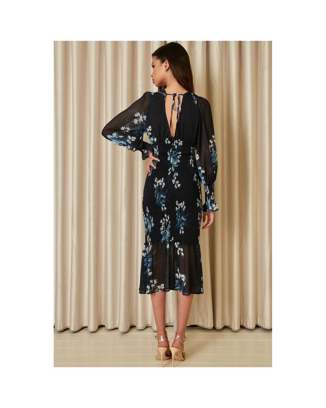 Urban Touch Blue Floral Print Bodycon Style Long Sleeve Dress