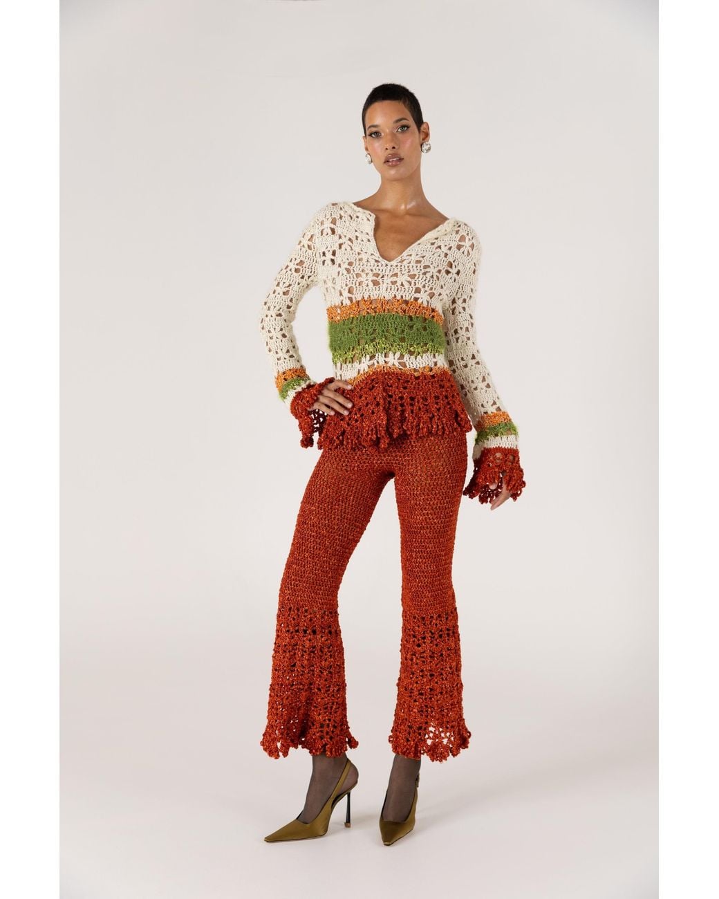 Andreeva Red Chrysanthemum Terracotta Handmade Crochet Pants
