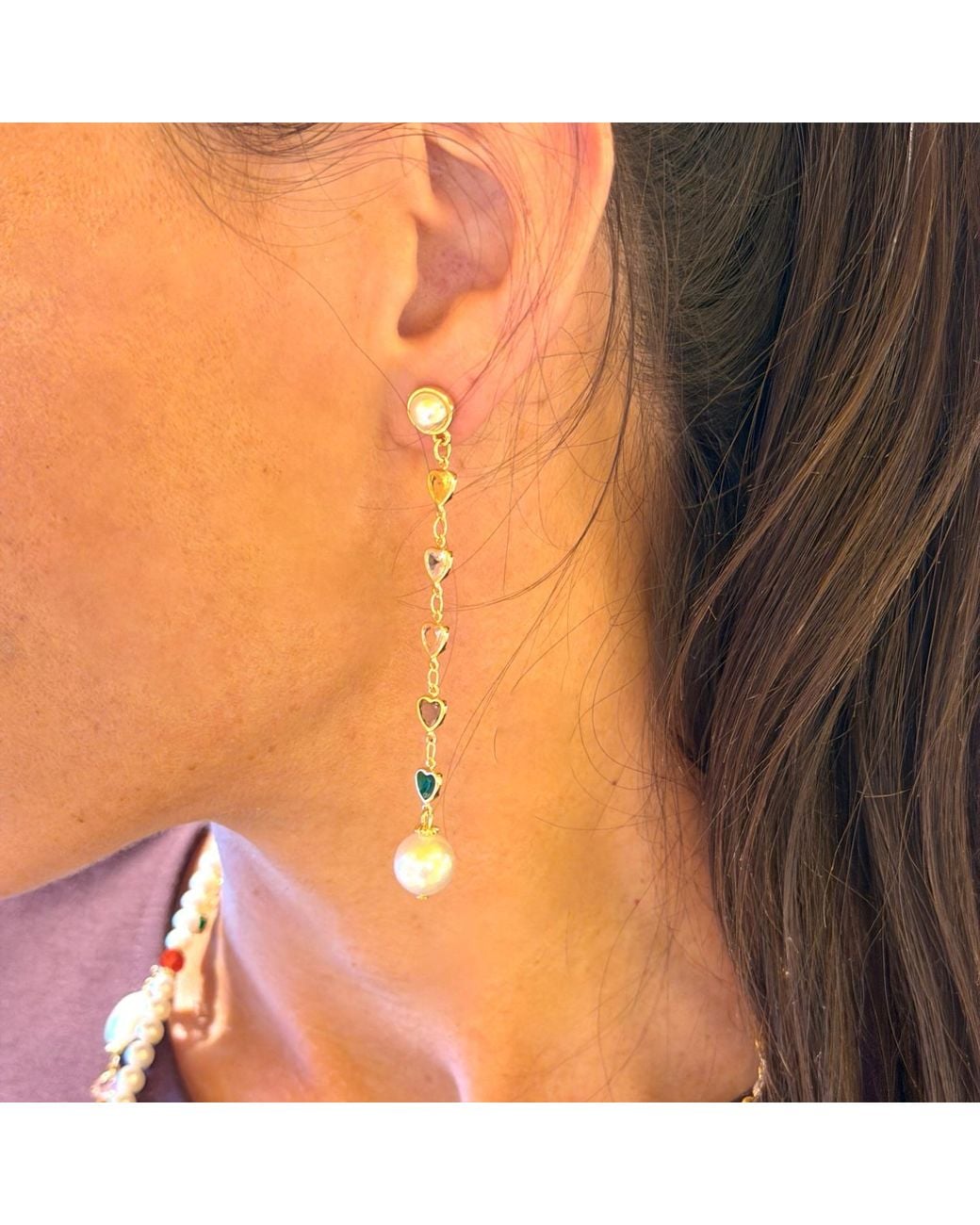 Farra Metallic Colorful Heart Zircon With Freshwater Pearl Drops Stud Earrings