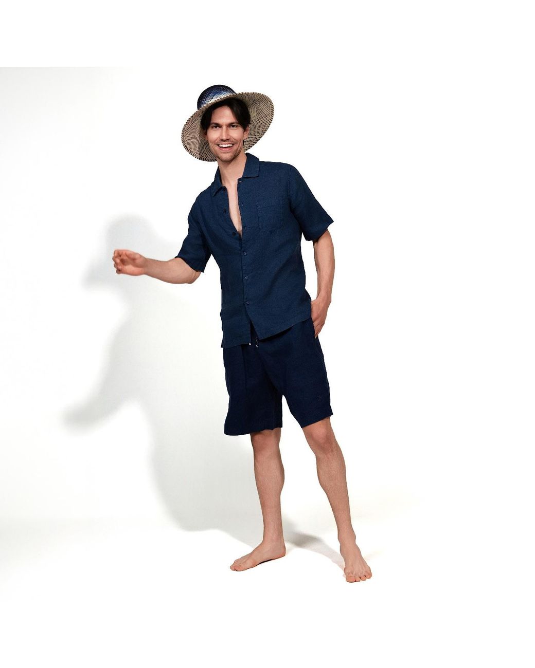 Maison Tangerine Blue Deep Linen Short Sleeve Shirt For for men
