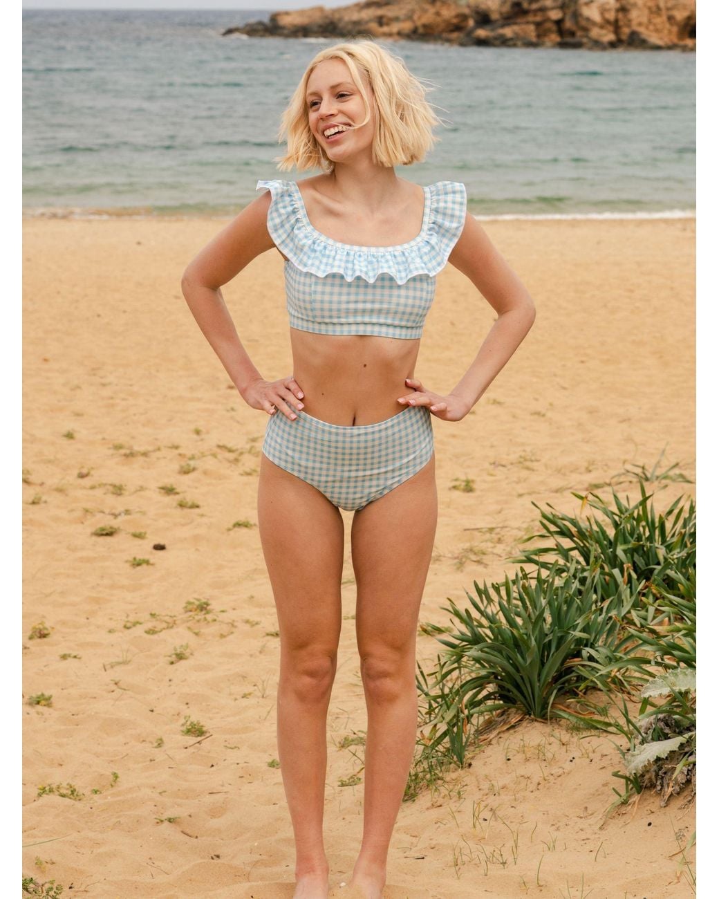 Lime Ricki Swimwear Blue Sky Gingham High-Waist Bottom