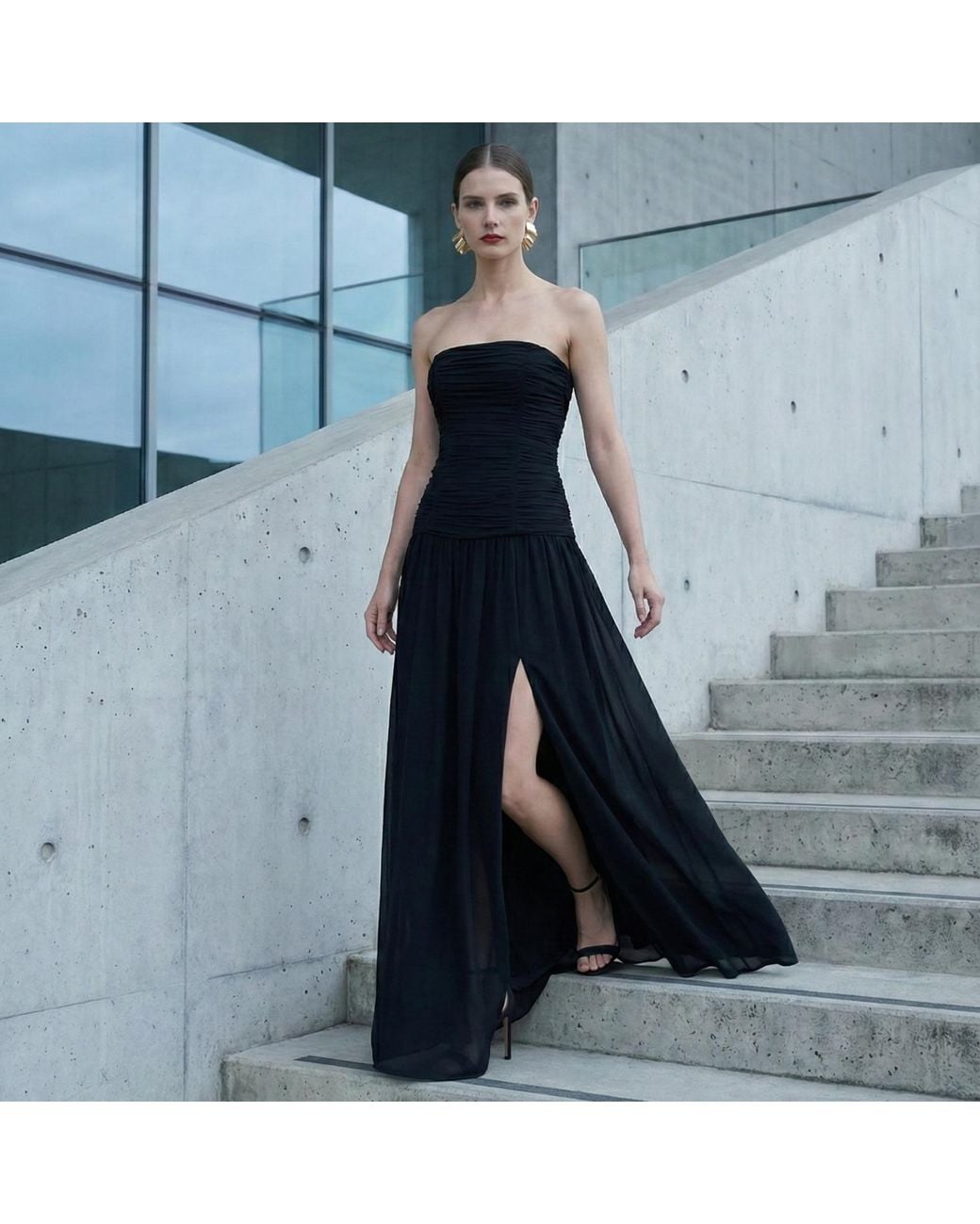 AGGI by HALEWSKI Black Zoriana Sheer Ethereal Chiffon Maxi Dress With Ruched Bodice