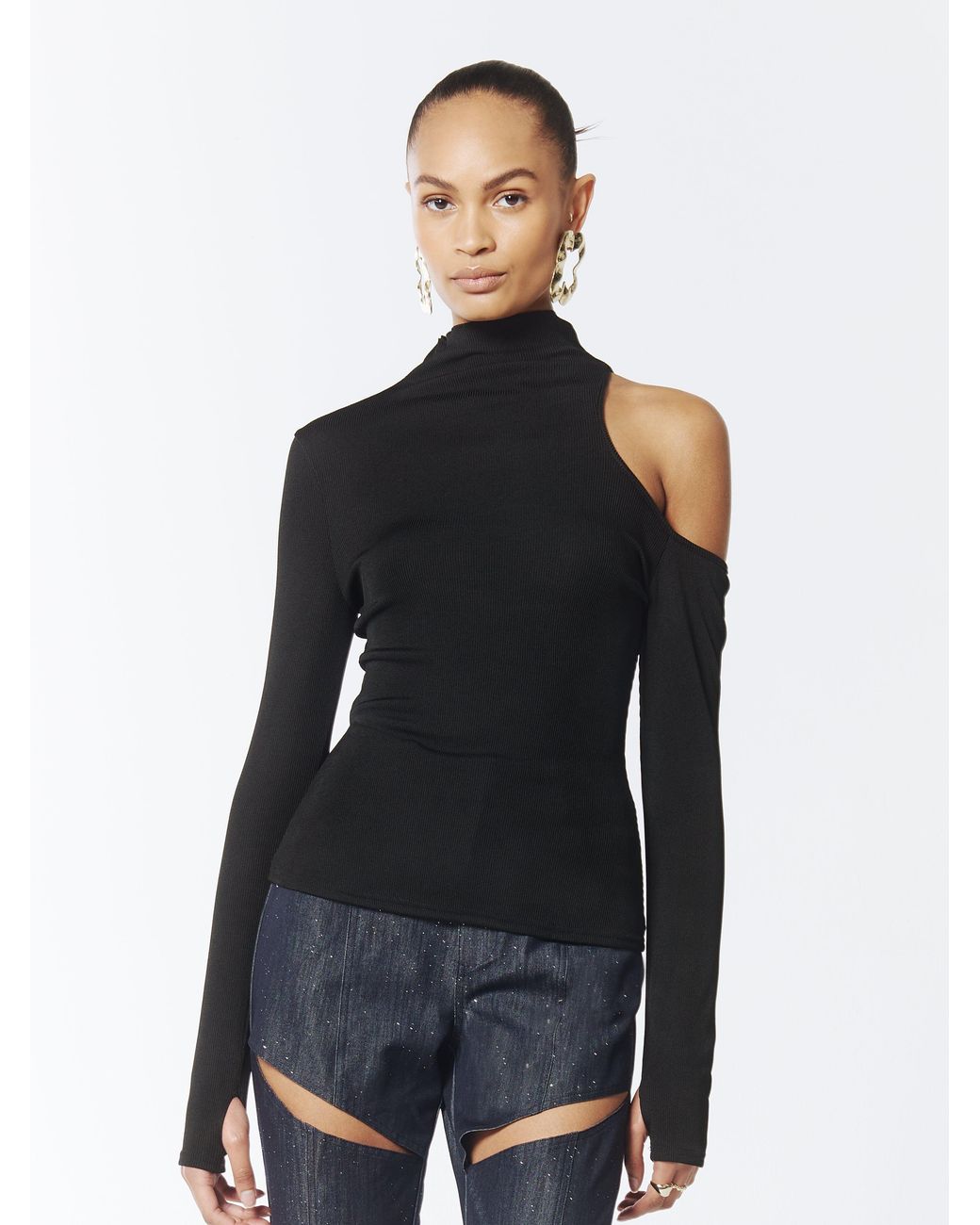 Sour Figs Black Asymmetric One-Shoulder Cutout Turtleneck Knit Top