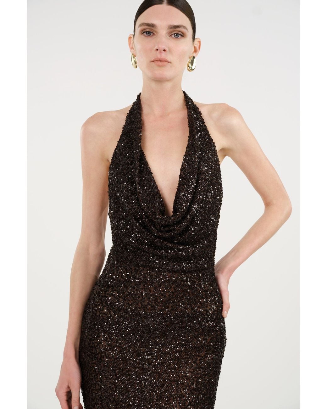 Nocturne Brown Off-Shoulder Sequin Embellished Maxi Dress