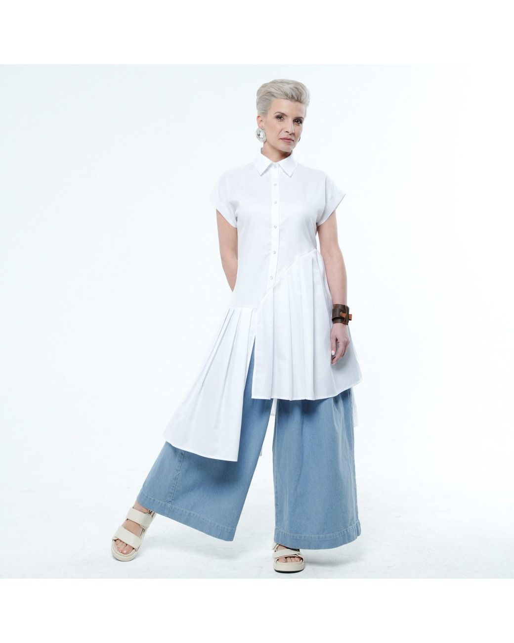 Metamorph Blue Pleated Long Tunic Shirt