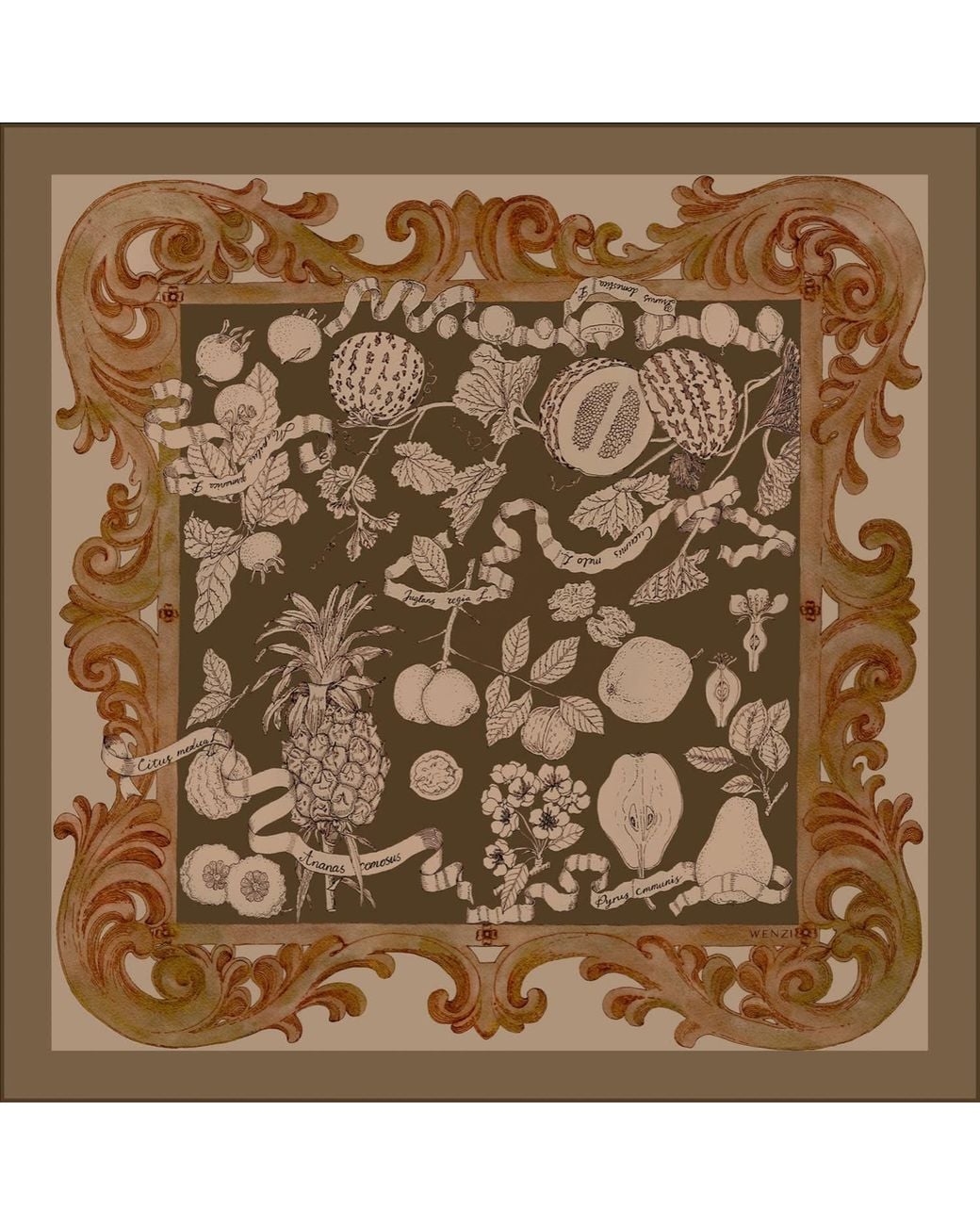 Wenzi Metallic Neutrals Fruitful Elegance Sand Hand Painted Pattern Double Sided Silk Twill Scarf