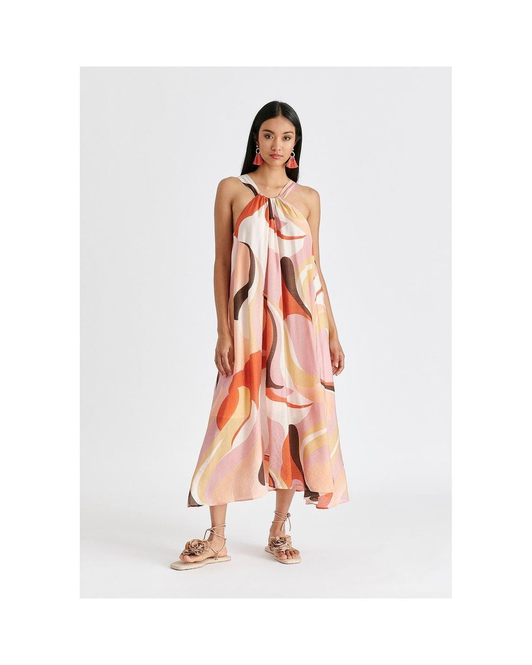 Paisie Pink Retro Wave Halter Neck Midi Dress