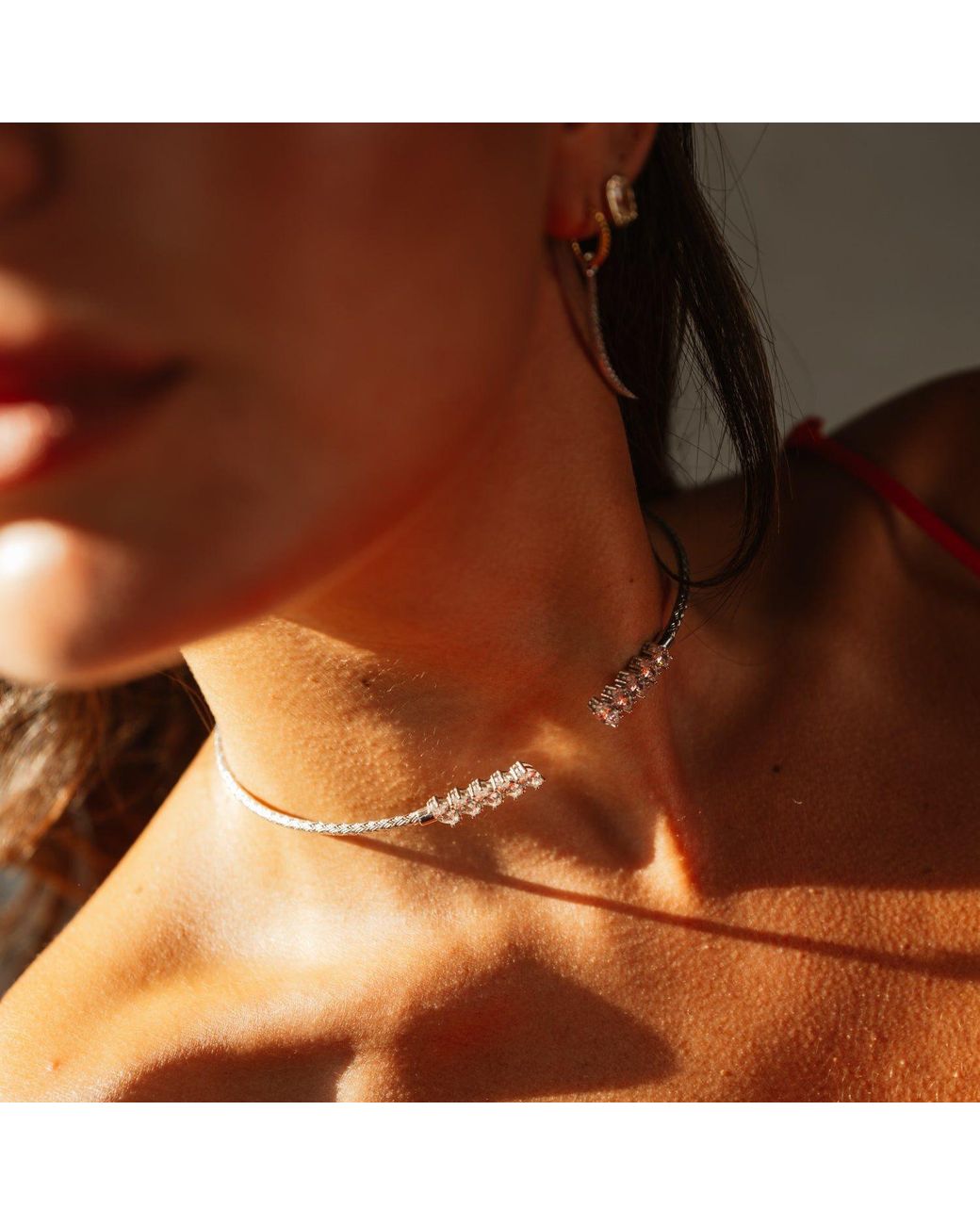 Ebru Jewelry Metallic Marquise Cubic Zirconia Woven Sterling Choker Necklace