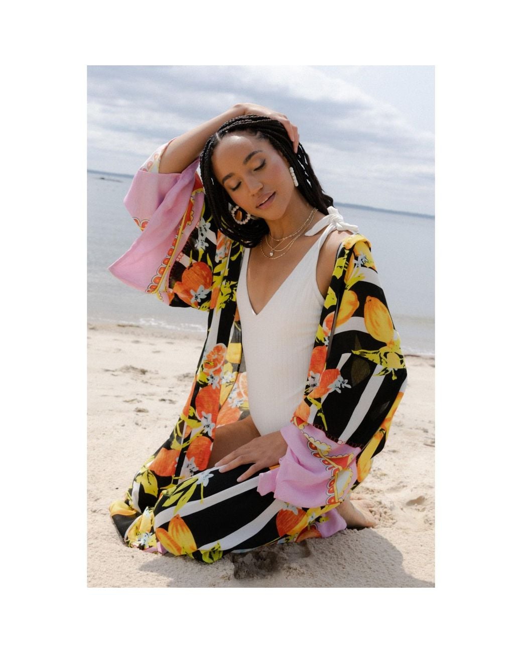Saachi Yellow Citrus Print Kimono Long