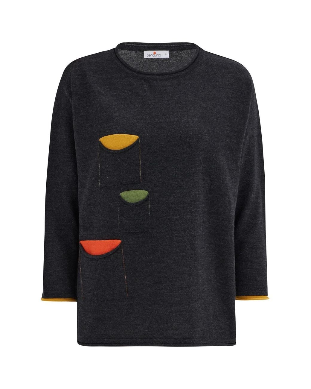 Peraluna Blue O-Neck 3/4 Sleeve Tri-Pocket Knitwear Pullover