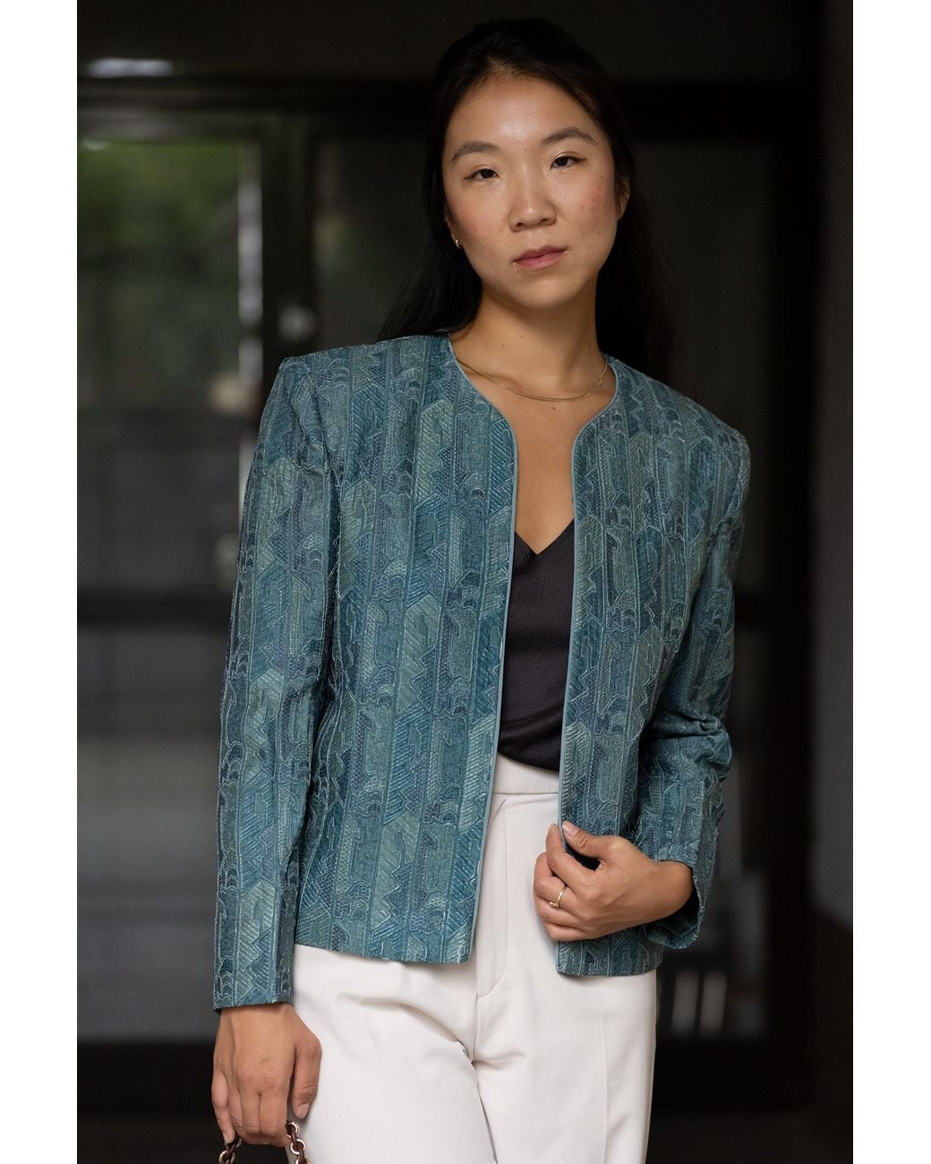 Stovaria Blue Layered & Embroidered Pure Silk Statement Jacket
