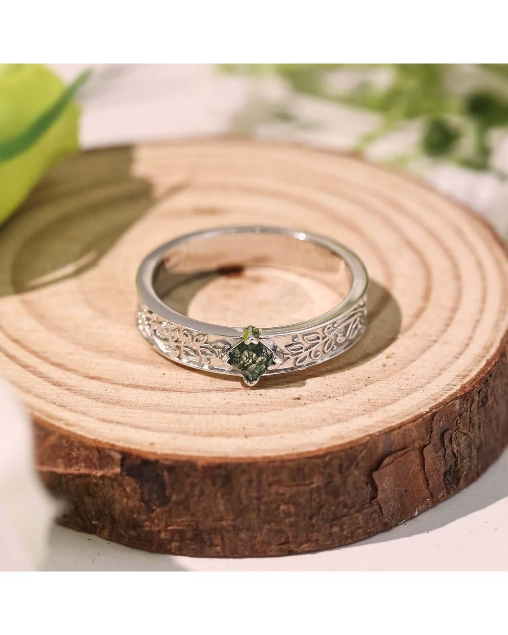 Azura Jewelry New York Gray Oakleaf Moss Agate Ring Vermeil for men