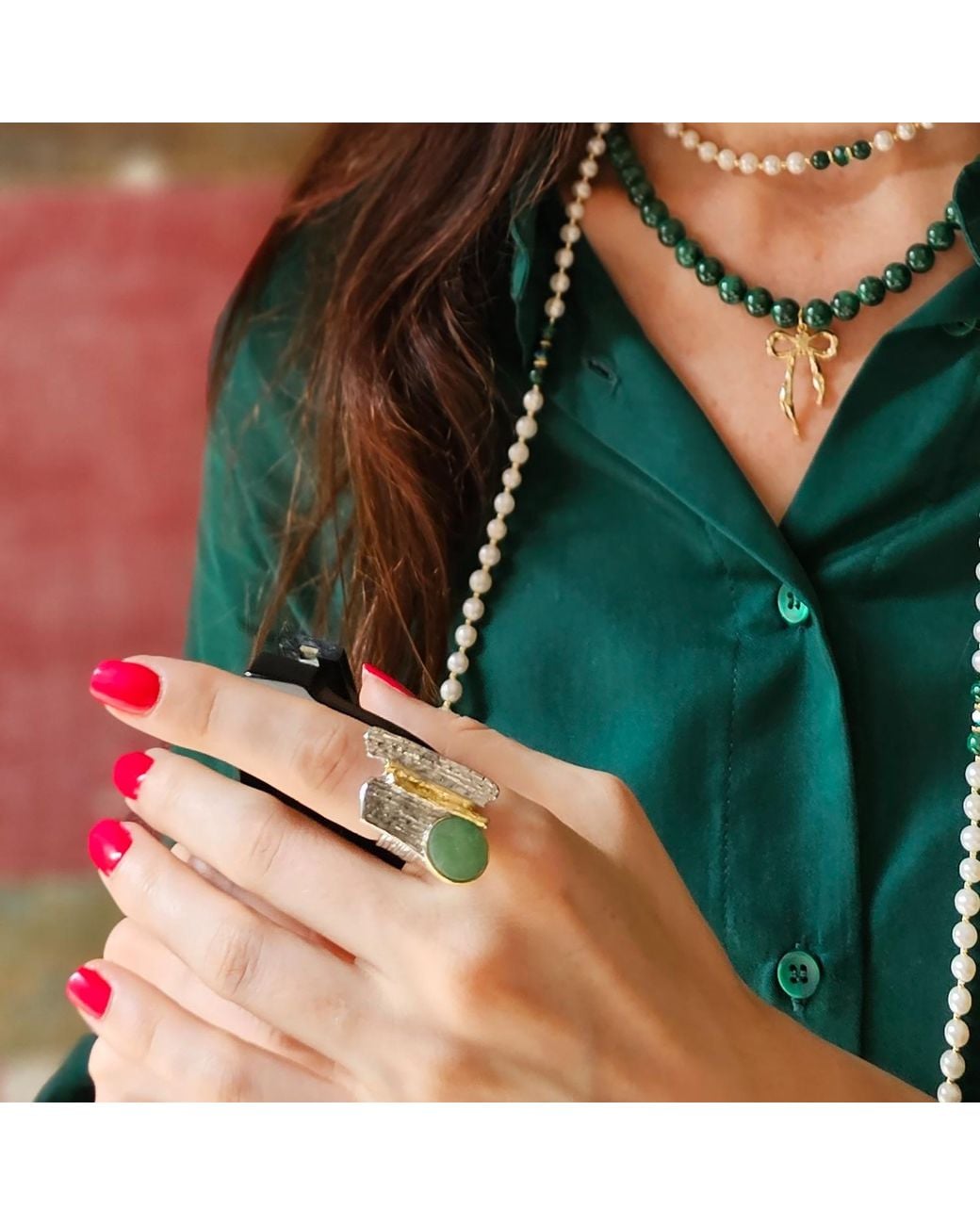 Farra Green Aventurine Stone Setting Statement Ring