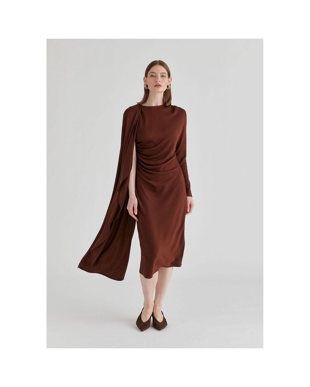 Paisie Brown Asymmetrical Cape Sleeve Lyocell Jersey Midi Dress