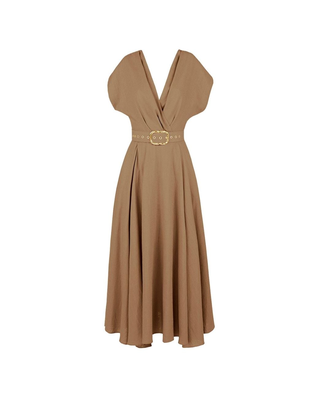 ALINA CERNĂTESCU Brown Neutrals Ischia Linen Office & Cocktail Midi Dress