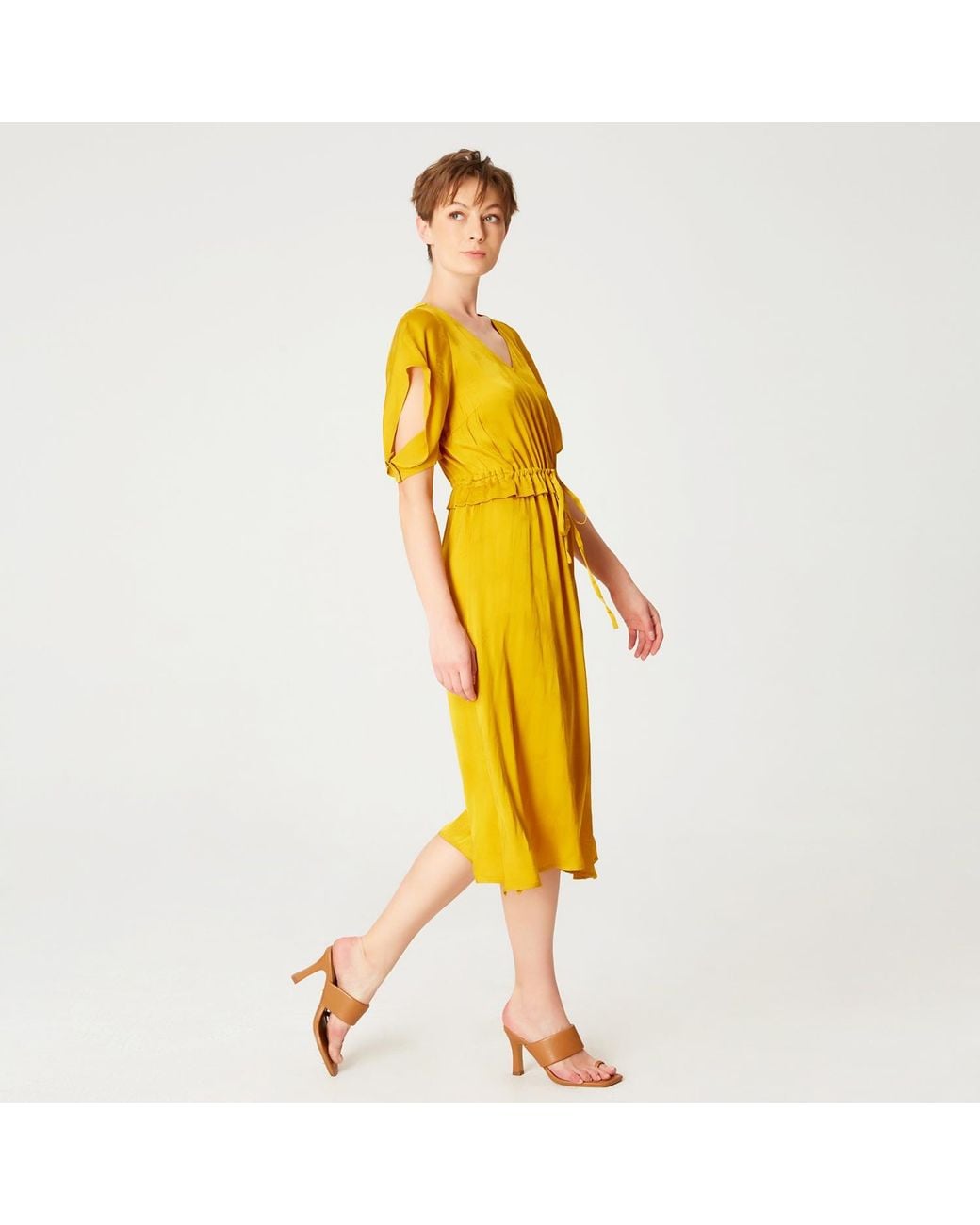 Smart and Joy Yellow V-Neckline Midi Dress With Drawstring Belt