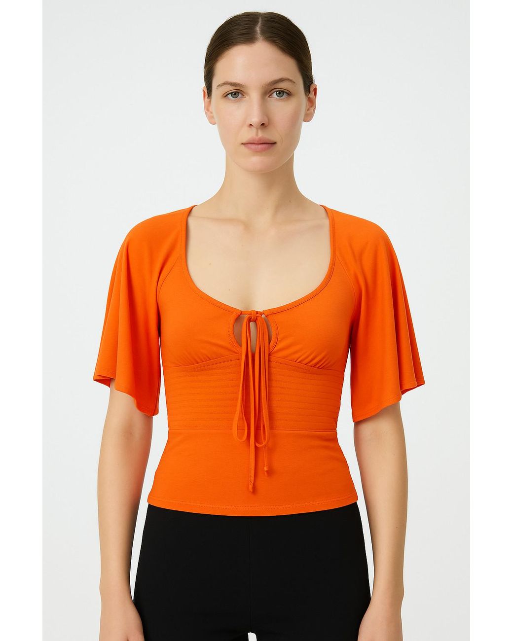 Conquista Orange Tie-Front Top – Chic Femininity With A Modern Flair