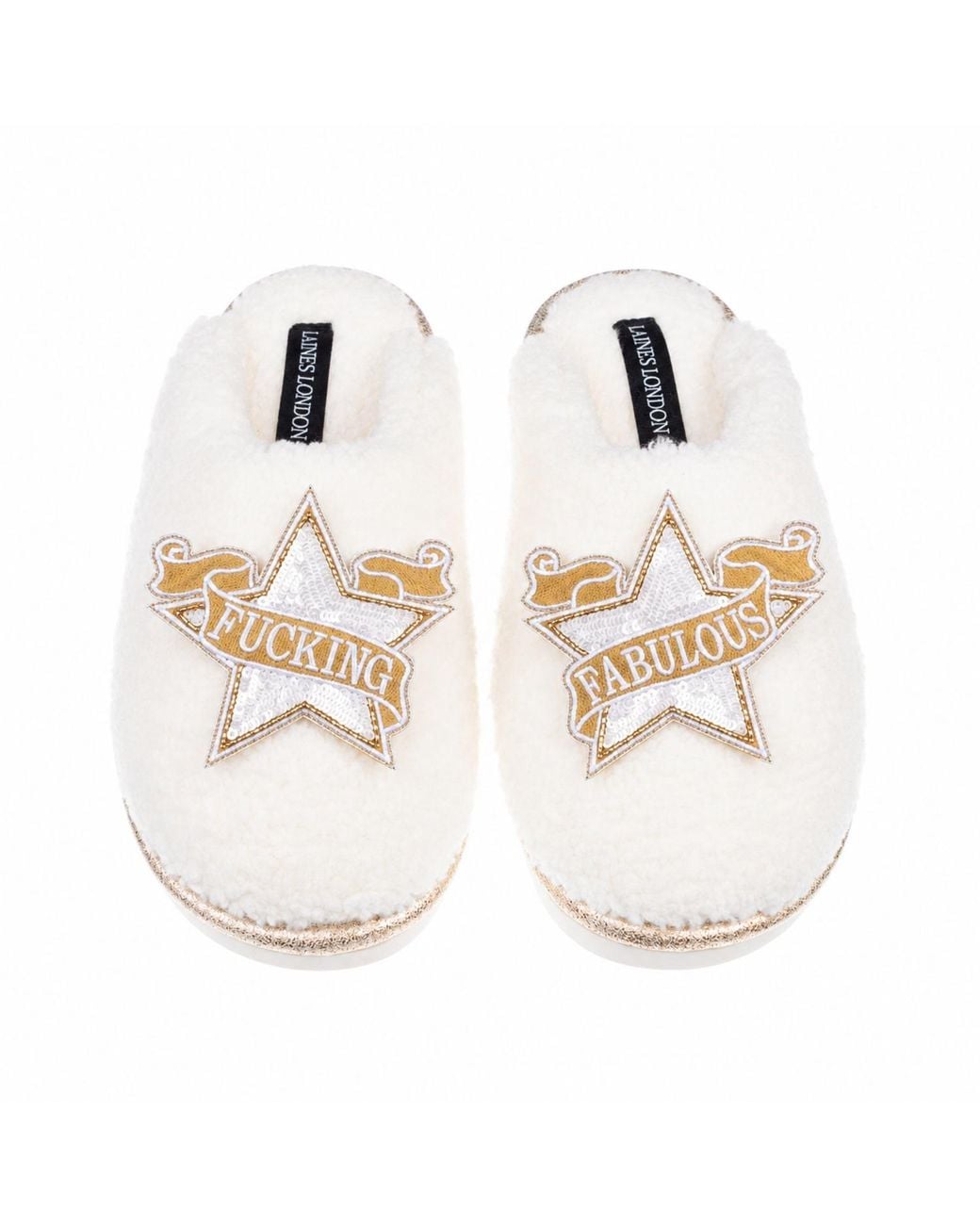 Laines London White Neutrals Teddy Closed Toe Slippers With & Fucking Fabulous Brooches