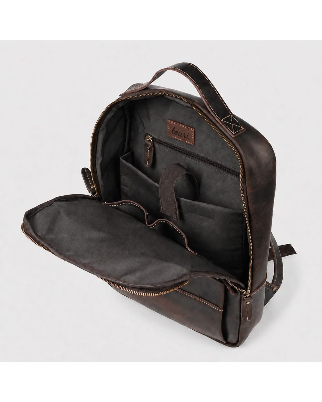 Touri Brown Minimalist Zip Open Leather Backpack