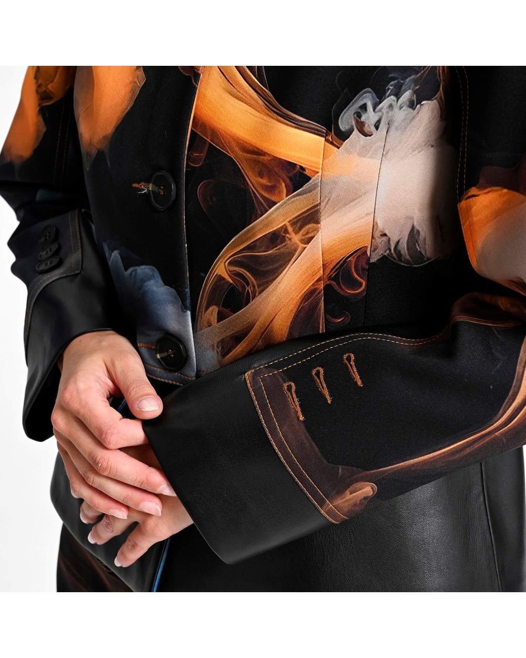 Lalipop Design Blue Cropped Jacket With Vegan Leather Trim And Digital Flame Print