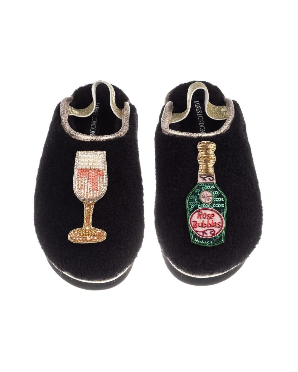 Laines London Black Flatform Cloud Closed Toe Slippers With Champagne & Glass Brooches