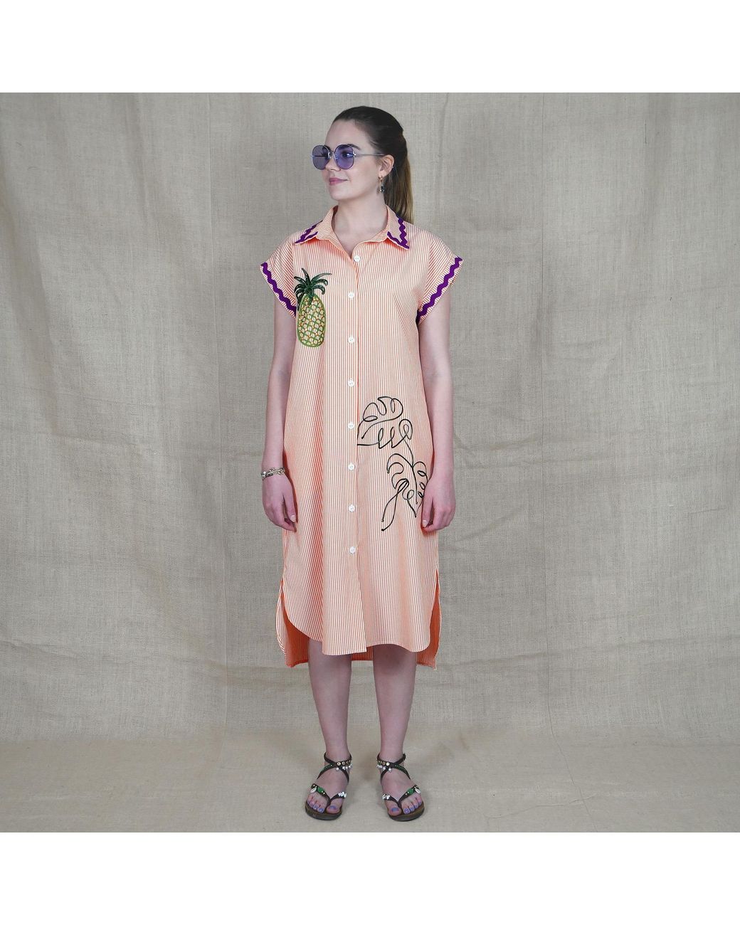 Lalipop Design Pink Pinstripe Cotton Shirtdress With Pineapple Embroidery
