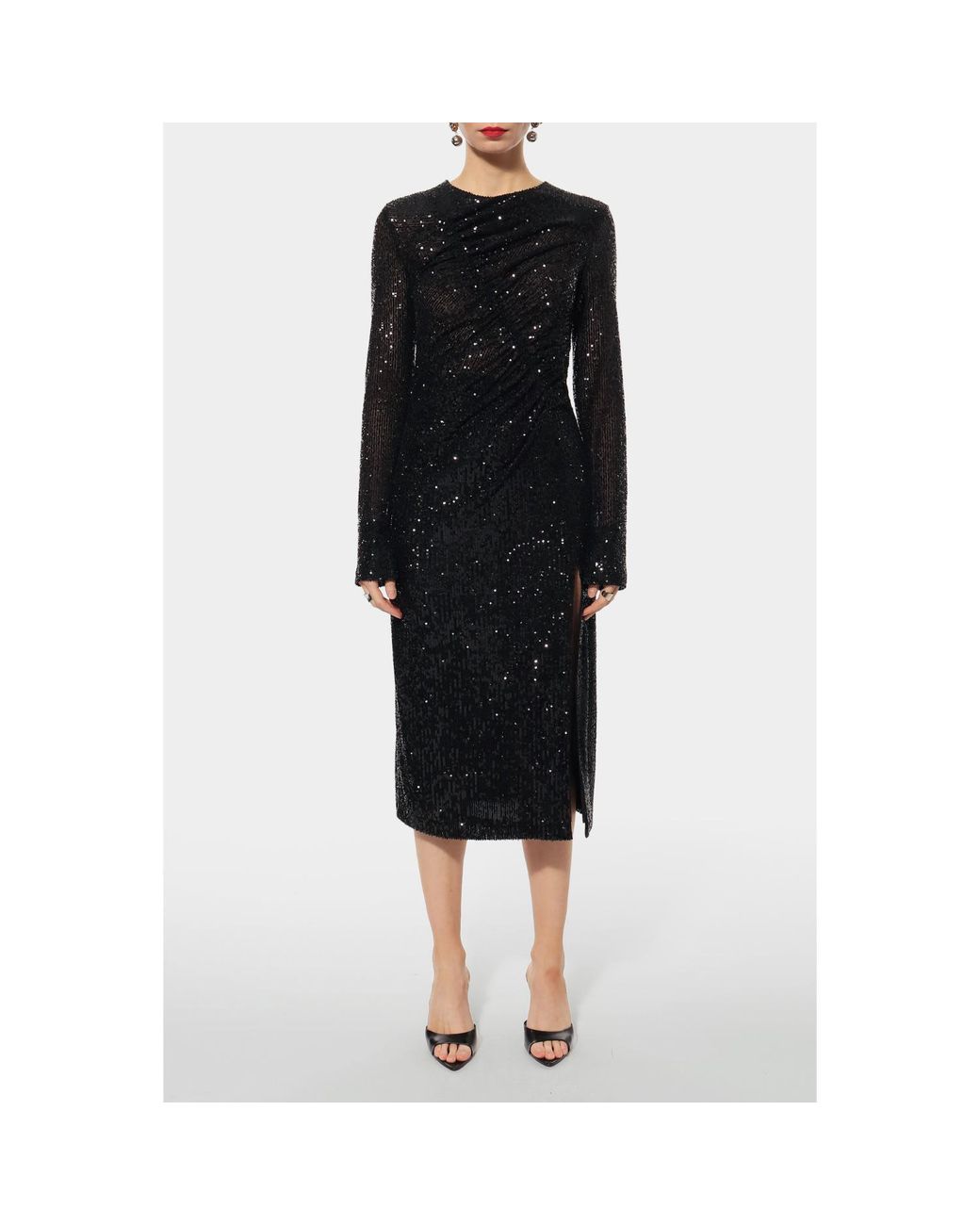 AGGI by HALEWSKI Black Madlen Sparkle Sequined Midi Dress With Long Sleeve