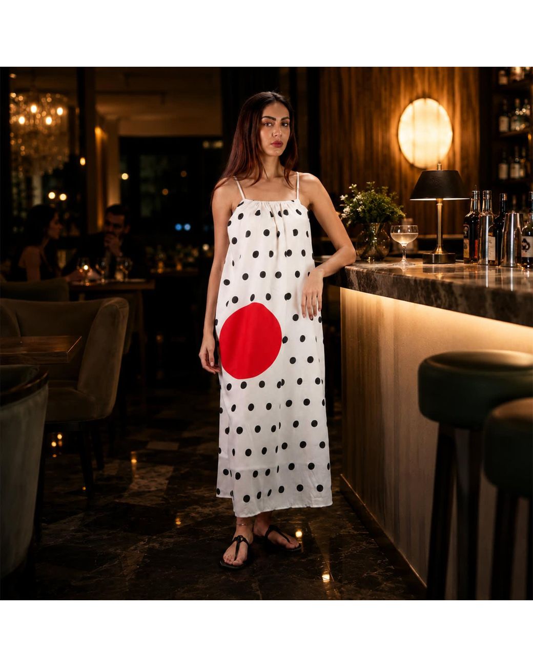 DHARA SHETH DUBAI White One Polka Dot Spaghetti Strap Maxi Dress