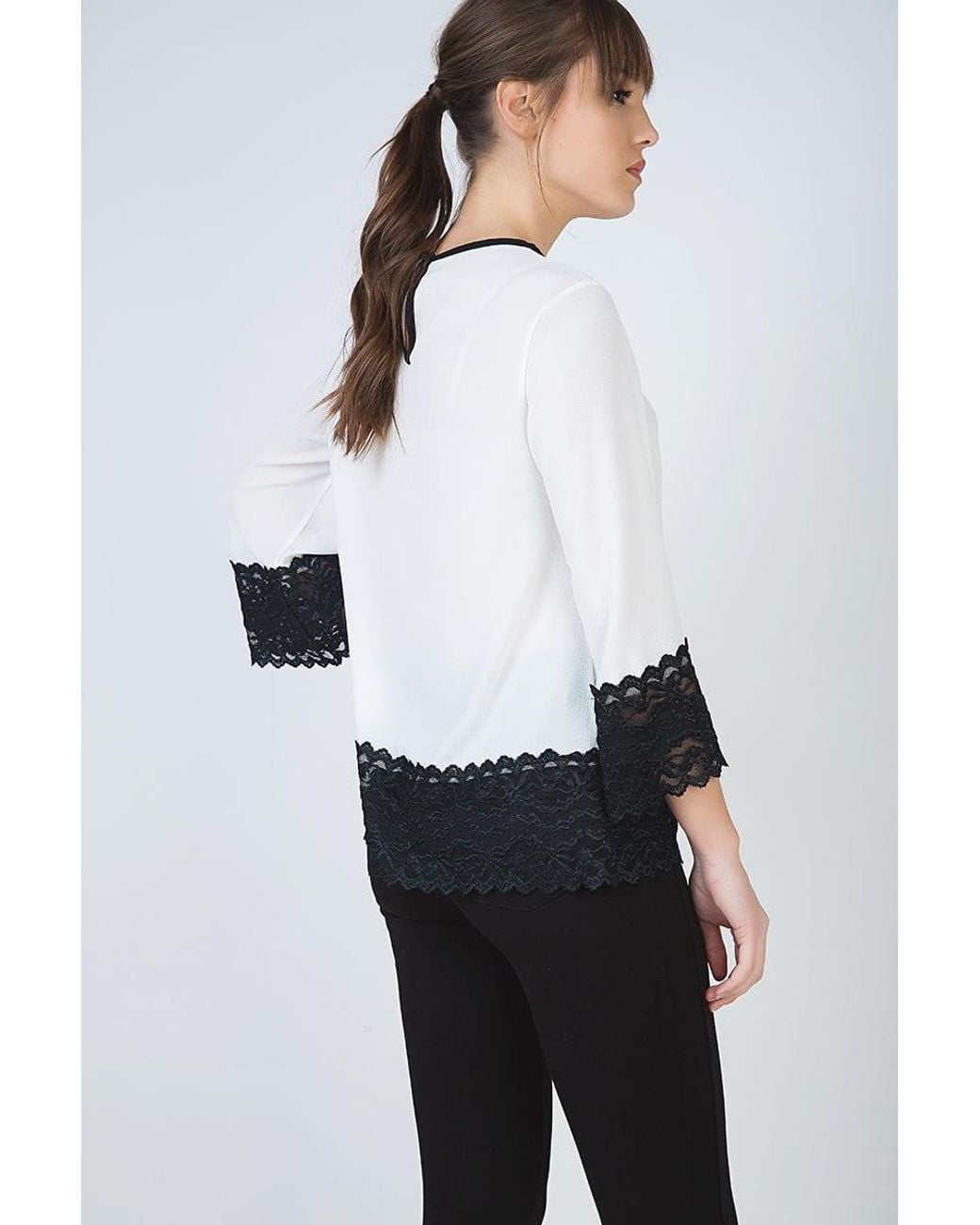 Conquista White Neutrals Loose Fit Ecru Top With Lace Detail