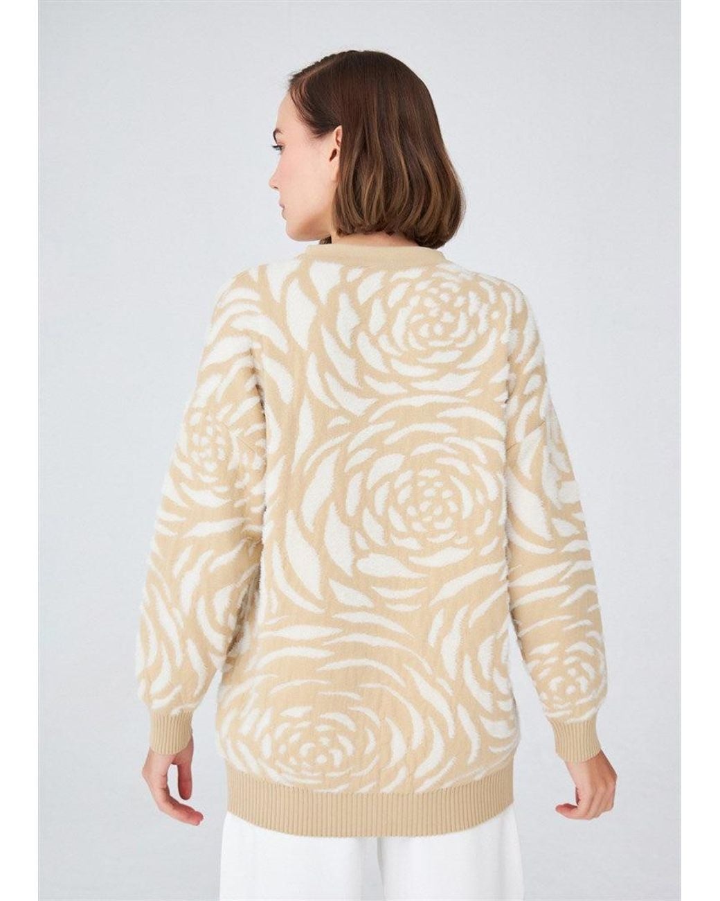 Peraluna Natural Rose Patterned Knitwear Fluffy Crew Neck Sweater