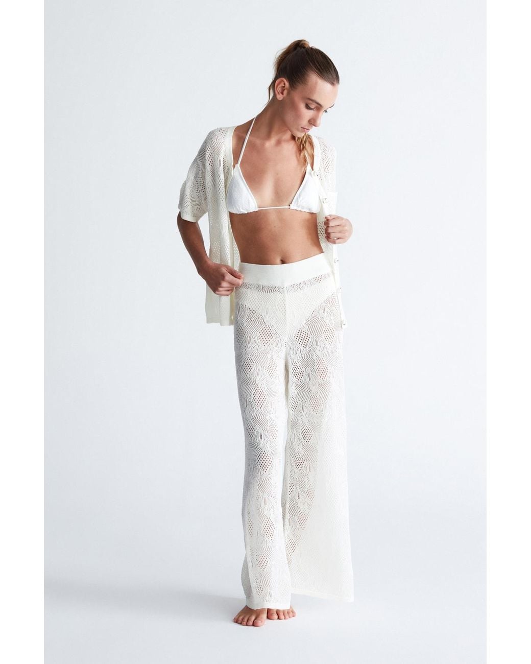 Peraluna White Emma Lace Knit Flared Trouser
