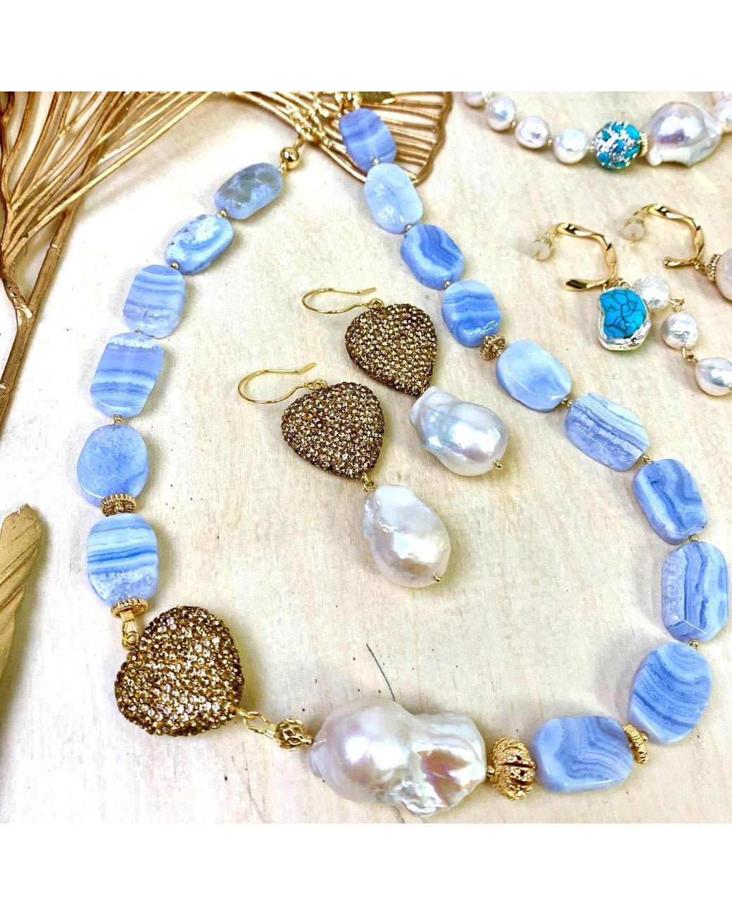 Farra Blue Lace Agate Heart Charm Short Necklace