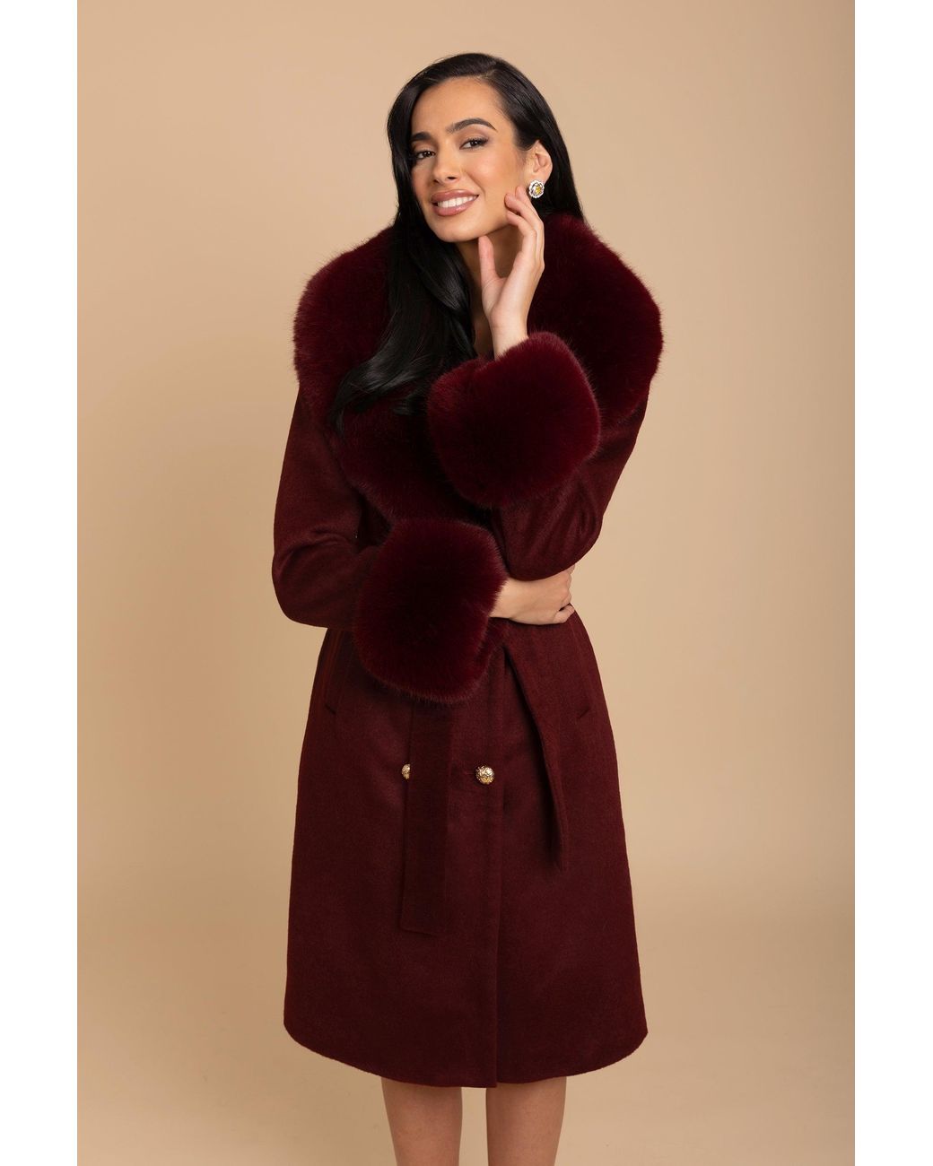 Santinni Red Luxurious Cashmere-Wool Coat With Faux Fur