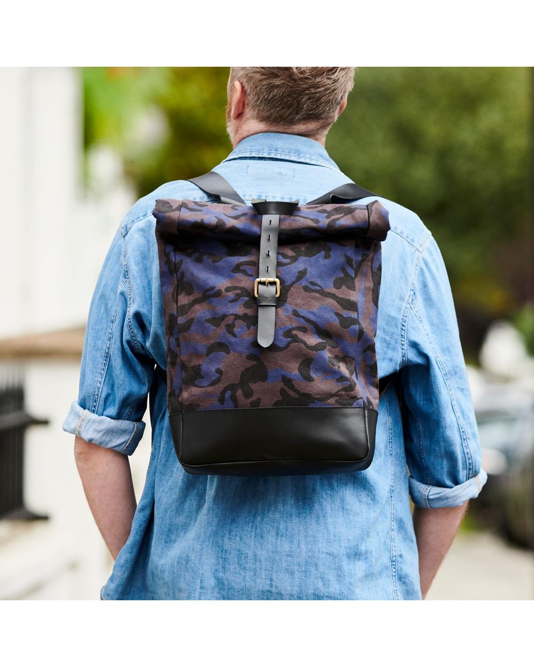 VIDA VIDA Gray Camo Canvas And Leather Roll Top Backpack