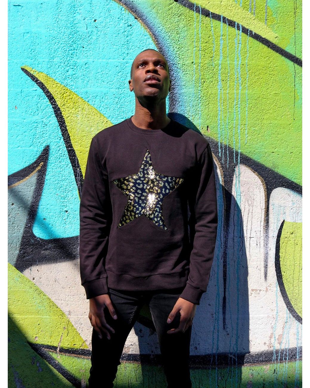 Any Old Iron Blue Golden Leopard Large Sequin Star Sweatshirt