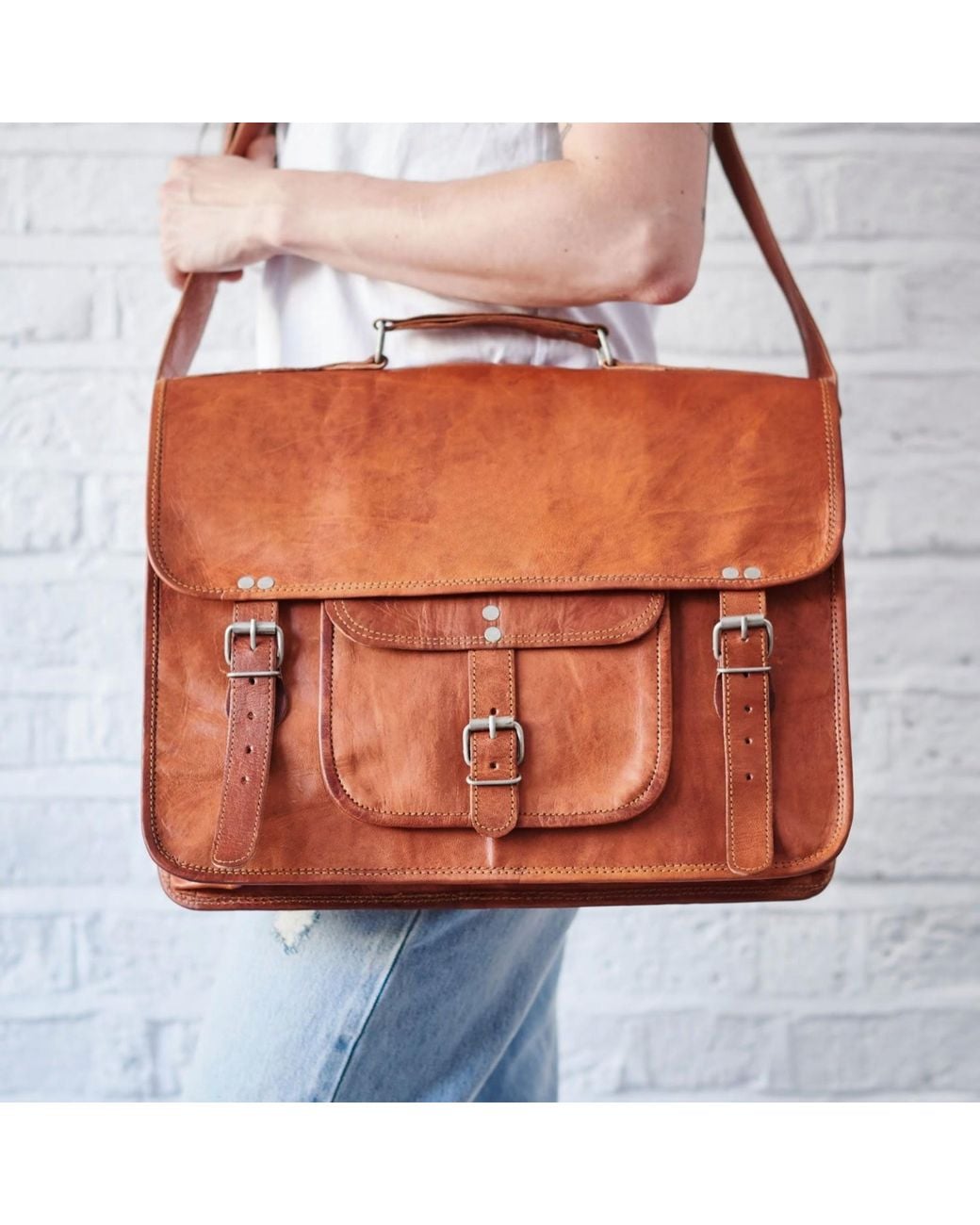 VIDA VIDA Brown Vida Vintage Classic Leather Satchel for men