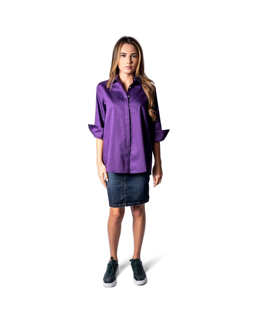 Perlavera Purple Cely Solid Cotton Satin Three Quarter Sleeve Length Missy Fit Shirt