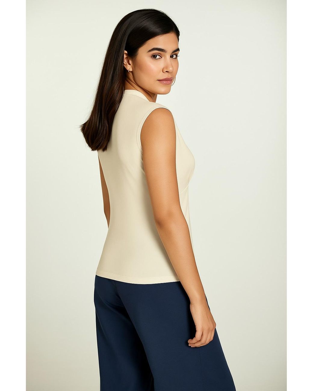 Conquista Natural Neutrals Cream Sleeveless V-Neck Jersey Top – Stretch Fabric