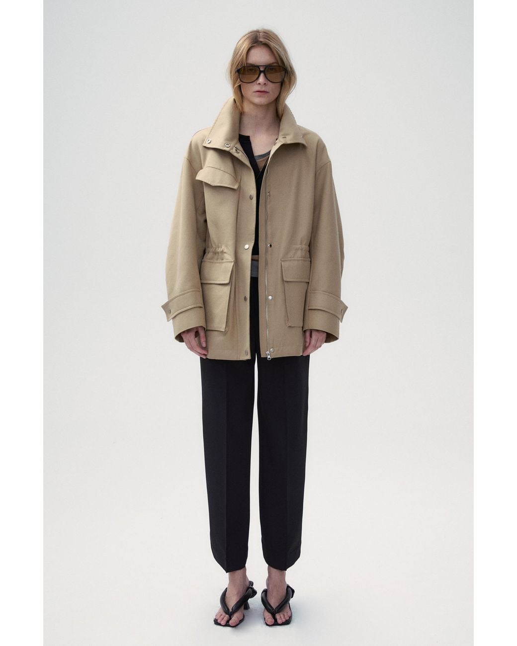 FRONT ROW SHOP Natural Safari Jacket With Flap Patch Pockets