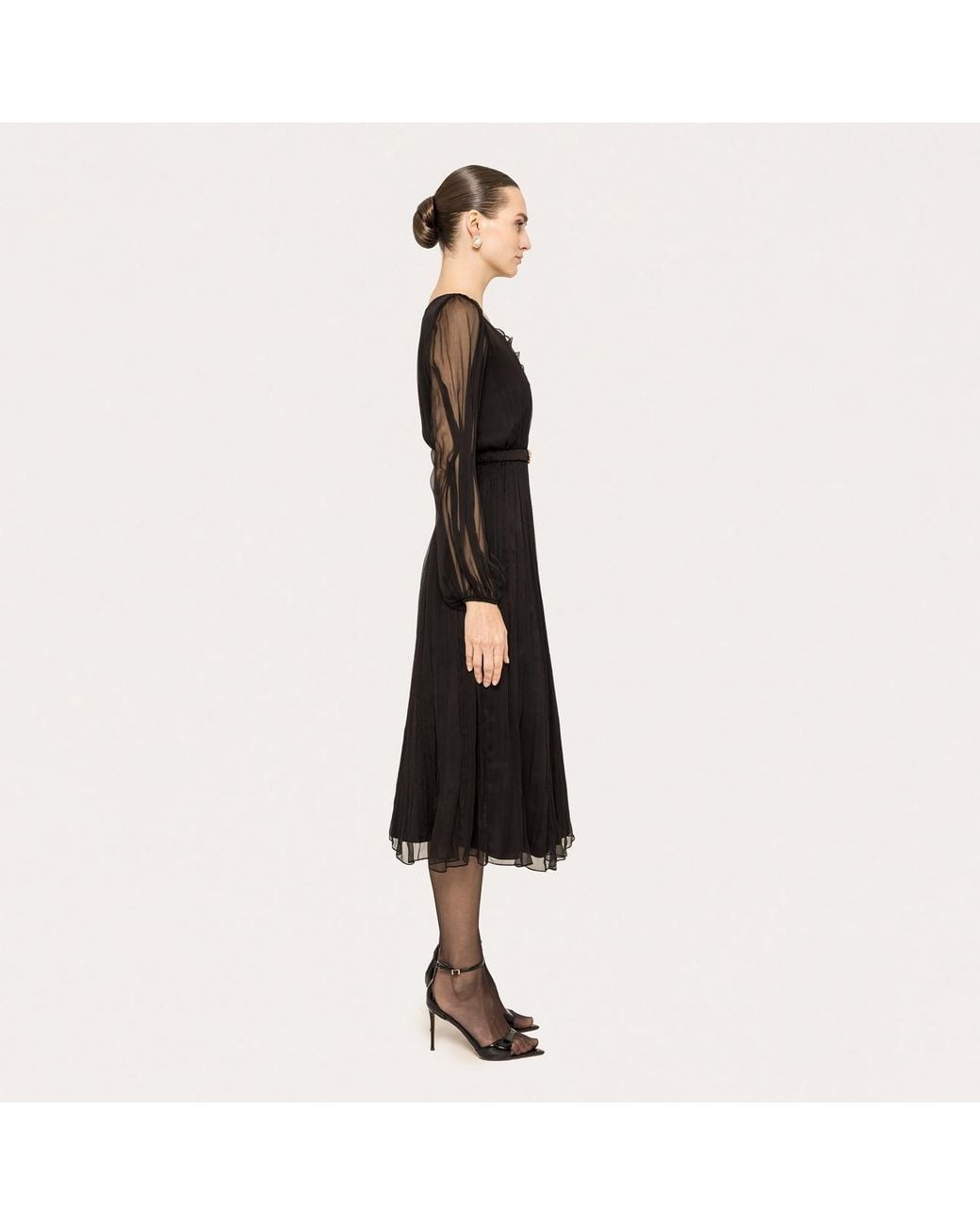 Nissa Black Floral-Applique Silk Midi Dress