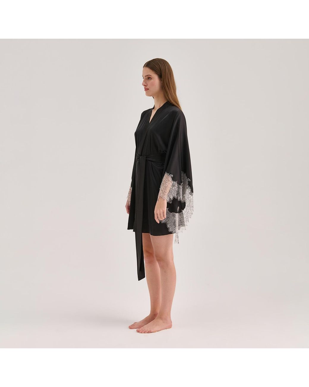 Avenue 8 Black Lace Mini Silk Robe